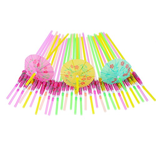 Blulu 50 Pieces Umbrella Disposable Bendable Drinking Straws for Luau Parties, Bars, Restaurants
