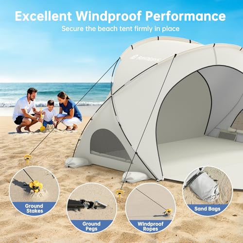 Image of Raynesys Beach Tent Sun Shelter for Sand Camping Fishing, 1-3 Person, Beige | Beach Shade Tent with UPF50+ UV Protection, Portable Sun Shelter, Shade Tents with 2 Zippered Doors