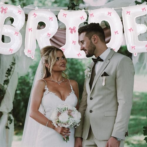 Image of White Bride Balloons 40 inch with Ribbon Bows for Bridal Shower Bride to Be Bachelorette Party Decorations Wedding Engagement Party Decor (Pink)