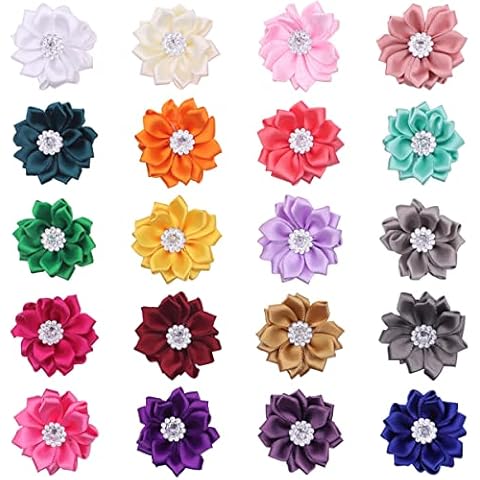 Snadulor Artificial Flowers Heads Bulk 20 Pcs Ribbon Flowers,Satin Ribbon Flowers Bows Rhinestones Party Wedding Supply Home Decor DIY Craft Hairpin Accessories(Multicolor) Cover