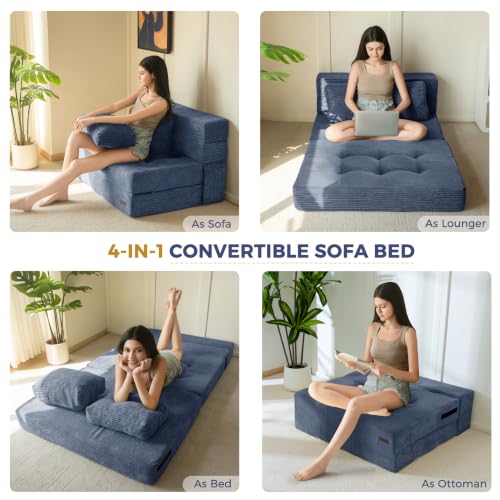 Image of MAXYOYO Convertible Sofa Bed, Fold Out Sofa Couch with Pillow for Adults | Loveseat Sofa 4 in 1 Tufted Folding Couch Bed Foam Floor Couch, Lazy Chair for Living Room Bedroom Guest Room, Dusty Blue