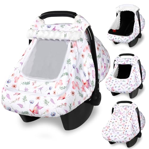 Image of Pea Pod Baby Car Seat Cover, Universal Infant Car Seat Cover with Sunshade & Mesh Windows - Breathable Minky Lined Canopy Cover for Stroller- Soft Carseat Cover for Newborns, Butterfly Patterns