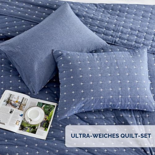Qucover Tagesdecke Baumwolle 240x260, Ultra Weiche Blau Bett Überwurfdecke Stickerei, Bettüberwurf mit 2 Kissen Set, Steppdecke 240x260… – Ansicht 4