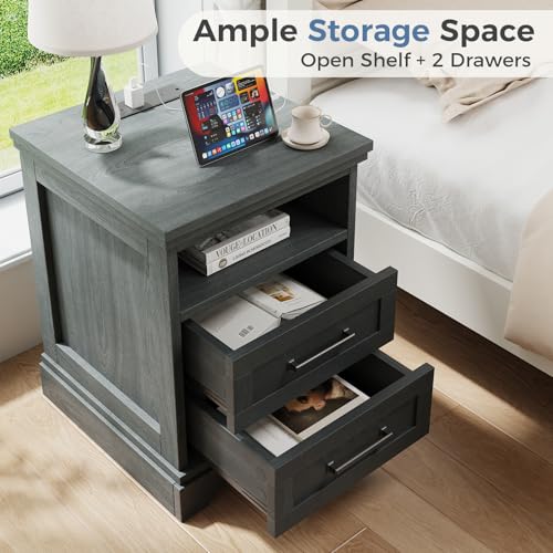 HAPPYMONT Nightstand with Charging Station and 2 Drawers, Farmhouse Bedside Table for Bedroom, Wood End Table with Type-C, Side Table with Cord Management, Night Stand, Black by HAPPYMONT - Image 4