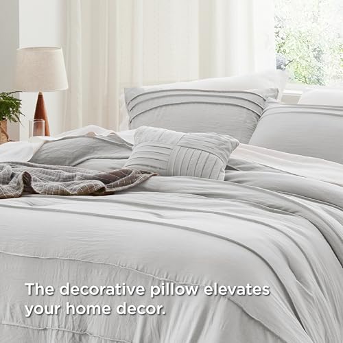 Image of Bedsure Queen Comforter Set - 4 Pieces Pinch Pleat Bed Set, Light Grey Boho Bedding for All Season, 1 Soft Comforter, 2 Pillowcases, 1 Decorative Pillow
