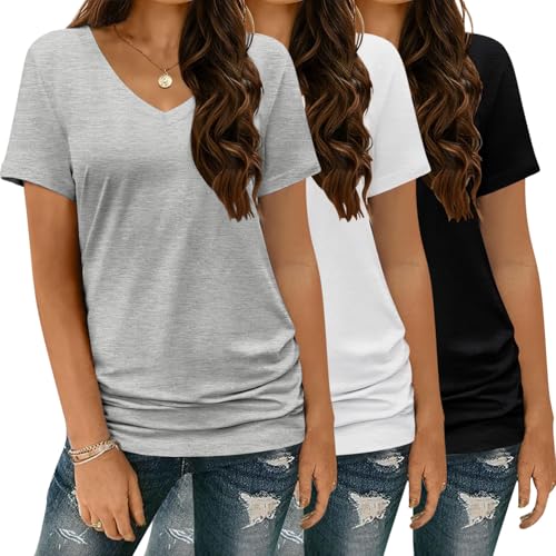 Catálogo de Ropa de Balonmano favoritos de las personas. 42 VIOPY 3 Piezas Playeras Manga Corta Mujer Cuello V Camisetas para Mujeres Basicos Color Sólido Top Suave Casual Blusas (Blanco, X-G)