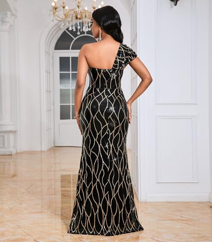 Image of Cololura Women Sexy Sequin One Shoulder Mermaid Formal Party Cocktail Gowns Bodycon Evening Maxi Dress