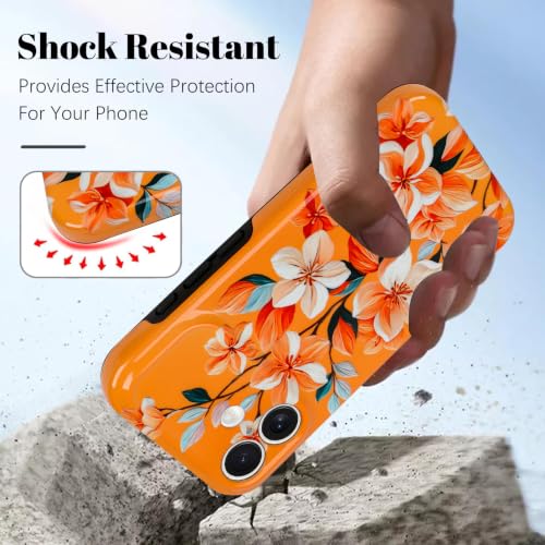 Image of Magnetic for iPhone 16 Case for Women Girl, Orange Floral | Stylish Flower Pattern Design [Compatible with MagSafe] [Full Camera Protection] 2-Layer Hybrid Shockproof Glossy Phone Case