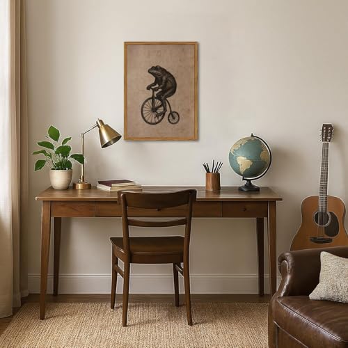 Framed Vintage Wall Art, Funny Frog on Bicycle Pictures Wall Decor, Whimsical Animal Paintings Canvas Prints Humor Home Decor for Living Room Bathroom 12x16 inch