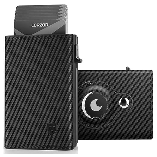 LORZOR Carteira Masculina para Apple AirTag - Carteira Minimalista Pop-up de Couro Legítimo, Suporte para Etiqueta de Ar, RFID, Carteira Moderna (AirTag não Incluída), Fibra de Carbono
