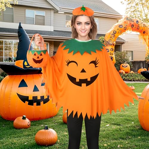Ispralo 3Pcs Halloween Pumpkin Costume For Women Halloween Pumpkin Poncho Adults With Pumpkin Headband And Bag thumb #3