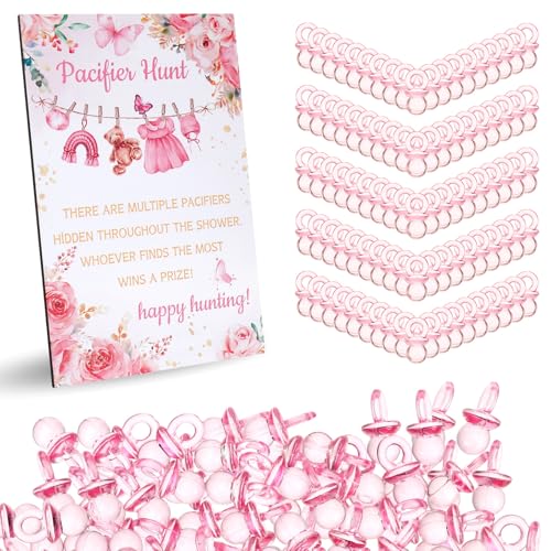 51 Pcs Pacifier Hunt Baby Shower Game Baby Shower Games for Girl Include 50 Pink Plastic Pacifier and Pink Watercolor Flower Clothes Wooden Hunt Sign for Gender Reveal Party Decoration Gift Sets