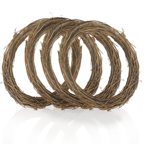 4Pcs Natural Grapevine Wreaths, 25cm Christmas Rattan Wreath, Decor Vine Branch Wreath for DIY Crafts Garden Home Wedding Party Decorations, Front Door Wall Hanging