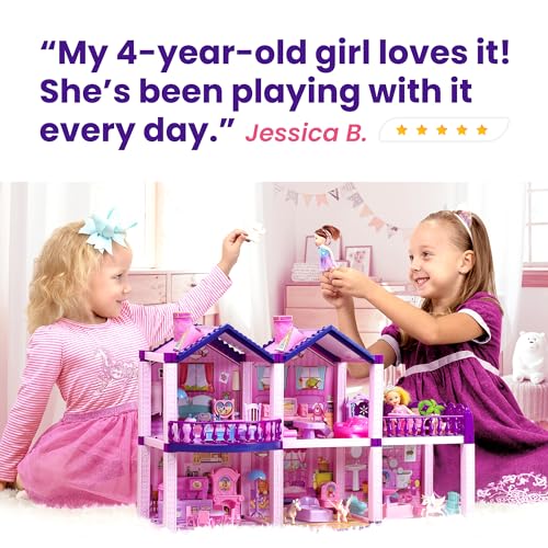 image for TOMLEON Dollhouse with 4 Princesses, 4 Unicorns, Dog, Furniture and Ac