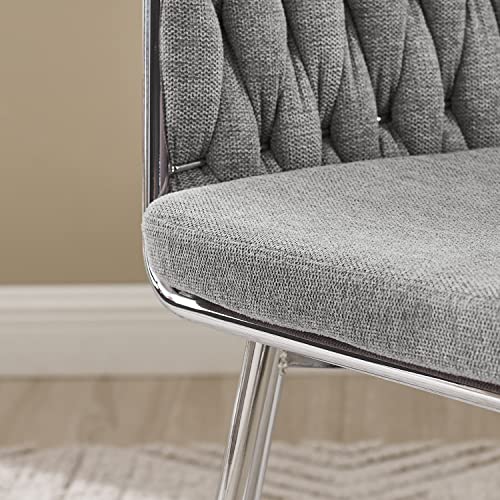 Art Leon Set Of 4 Dining Chairs, Mid Century Modern Linen Woven Upholstered Kitchen Dining Room Chair, Accent Arm Chair Side Chair With Chromed Metal Legs, Light Gray #TOP2