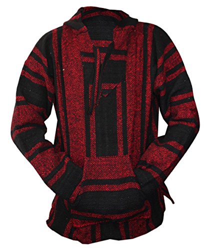 Del Mex Mexican Baja Hoodie Sweater Jerga Pullover Black Red Unisex (Large)