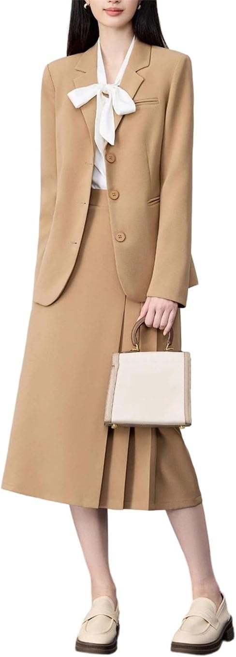 Women's Fashion Collar Full Sleeve Single Breasted Coat Mid Calf Skirt Two Piece Formal Office Workwear Suit Set