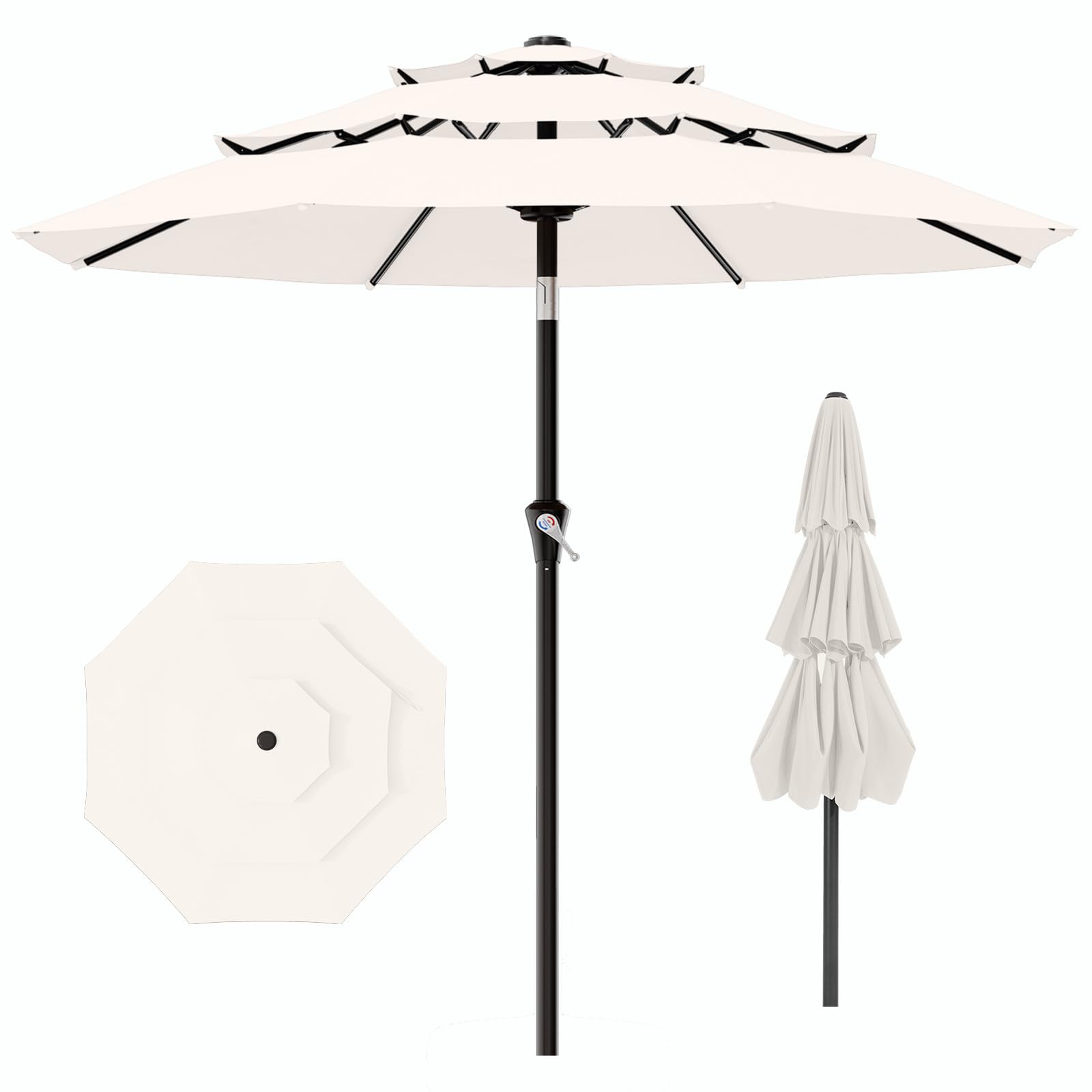 AreShark 9ft 3-Tier Patio Umbrellas, Outdoor Umbrella with 8 Sturdy Ribs UV Protection Windproof, Market Table Umbrella w/Push Button Tilt & Crank for Pool, Porch, Deck, Garden(Cream White) : Patio