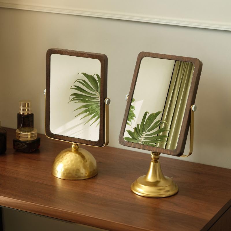 Hosoncovy Wooden Desktop Mirror with Stand Retro Vanity Mirror Makeup Mirror Tabletop Mirror with Stand Oval Free Standing Bathroom Mirror (Gold - Image 4