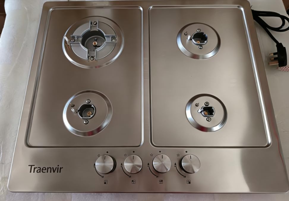 Built-in Gas Hob, 4 Burners Stainless Steel Cooktop with Flame Failure Device, LPG/Natural Gas Convertible, 60 cm
