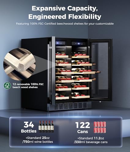 Image of 24 inch Wine Fridge, 34 Bottles 41-64F /41-64F Beverage Refrigerator