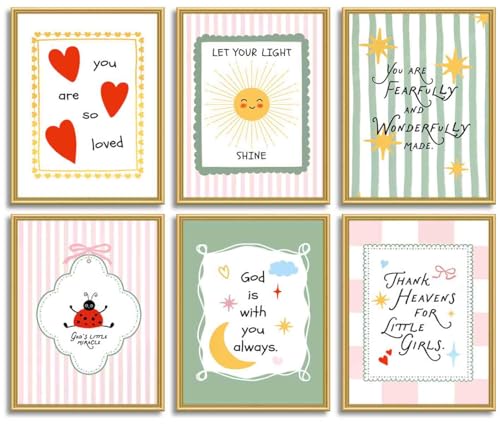 Image of 6 Pcs Nursery Bible Verses Wall Art Girl Christian Wall Decor Pictures Cute Pink Green Religious Positive Quotes Canvas Posters Prints for Baby Girl Nursery Toddler Room Decoration 8x10in Unframed