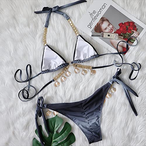 Women's Sexy Bathing Suits Gradient Color Halter Bikini Top Chain Tie Dye Two Piece Swimsuits with Shell Decoration3