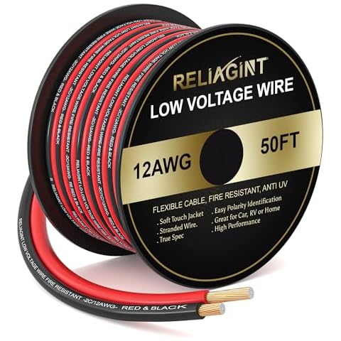 12 Guage 50FT Electric Wire for Low Voltage Application, LED, RV and Various Use, Red and Black Flexible Cable 2C/12AWG Cover