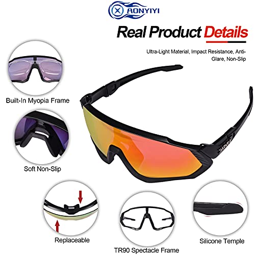 AONYIYI Lunette de Cyclisme Femme Homme Photochromiques Lunette VTT Antireflet Protection Lunettes de Sport Polarisées Adulte 5 Verres UV400 Interchangeables TR90 Cadre Ultraléger pour Vélo Moto - Image 4