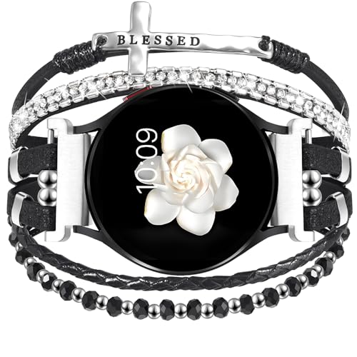 Boho Leather Bracelet for Samsung Galaxy Watch 9/8/7/6/5/4 Band 40 44mm Women, 20mm Cute Beaded Multilayer Strap for Galaxy Watch 9/8 Classic 6 4 Classic 43mm 47mm 42mm 46mm/Watch 5 Pro 45mm /Active2