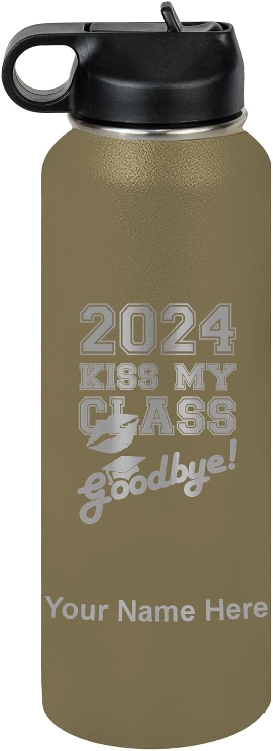 LaserGram Personalized Water Bottle, Kiss My Class Goodbye 2024, 2025, 2026, 2027, Stainless Steel Double Wall Vacuum Insulated with Flip Top Straw, Custom Engraved Gift (40oz / 1180ml Camo Green)