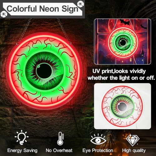 Halloween Eyeball Neon Signs Led Lights, Window Wall Decorations Indoor | Red Green Dimmable Light USB Powered, 11.8" x 11.8" Cool Gothic Party Decor for Bedroom, Game Room, Home, Office, Man Cave - image 5