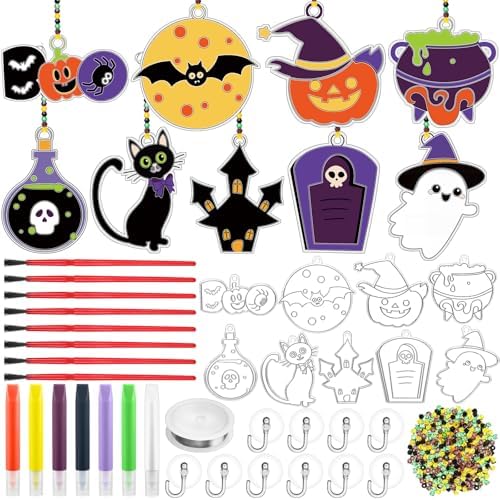 Hollowfly 27 Sets Halloween DIY Suncatcher Craft Paint Window Art Make You Own Suncatcher Ornaments Halloween Hanging Ornaments for Home Halloween Party Decoration