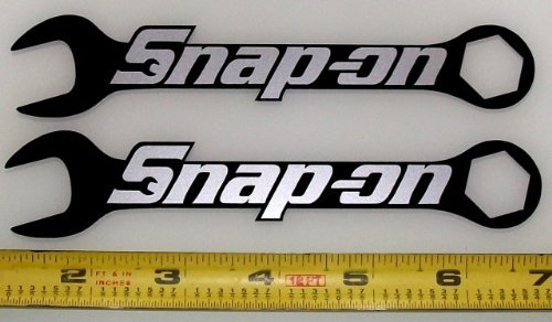 Snap On Logo over Wrenches - Silver on Black HQ Vinyl Sticker Decals! Set of 2 at 6in x 1.2in each