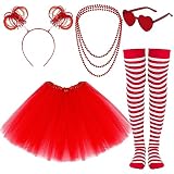 Haakong 80s Women Tutu Accessories Red Tutu Women Striped Sock Heart Sunglasses Ponytail Headband Skirt Necklace Halloween Mardi Gras(Red)