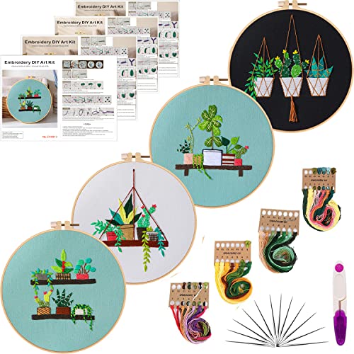 Tcbasrt 4Pack Embroidery Starters Kit with Pattern for Beginners Adults, Cross Stitch Kits Include 2 Embroidery Hoops,4 Embroidery Clothes with Plants Flowers Pattern,Color Threads