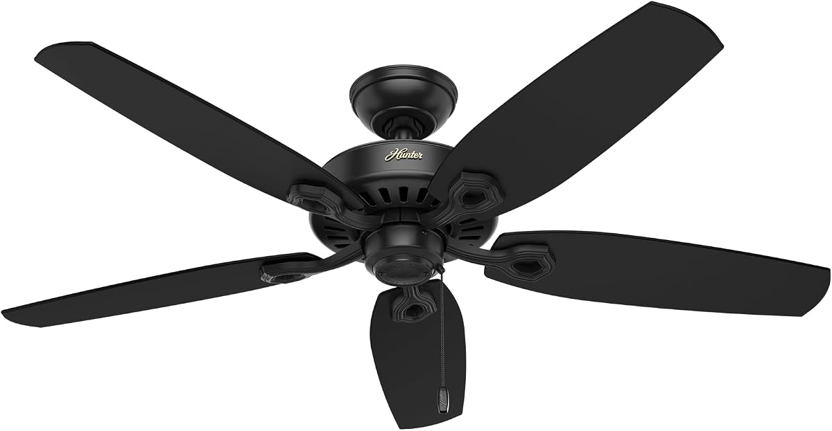 Hunter Ventilador de techo interior de 52 pulgadas sin luz con cadena de tracción - Ventilador de techo negro sin luz, montaje estándar, 5 aspas, para dormitorio, sala de estar o cocina - Builder Elite 53243, negro mate | Montaje estándar, cadena de tracción, 5 cuchillas, para dormitorio, salón, cocina, 53243