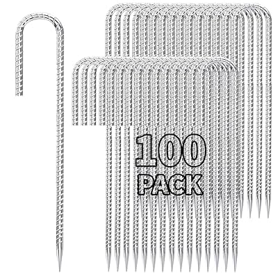 Estacas de tierra de 12 pulgadas, gancho en J resistente, paquete de 100 picos de metal galvanizados, anclajes de barra de refuerzo para valla, tienda de campaña, gazbo de rebote y decoraciones al