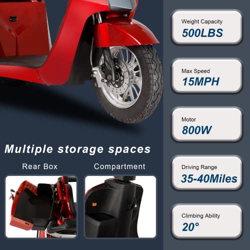 Heavy Duty 3 Wheel Mobility Scooters for Seniors & Adults 500lbs Capacity - Electric Powered Wheelchair Device - 800W All Terrain Fast Mobility Scooter for Outdoor w/Long Range Battery Romote Key - Thumbnail 4