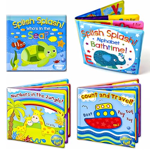 Baby Bath Books First Words ABC Letters & Numbers Plastic Coated & Padded Floating Fun Educational Learning Toys For Toddlers & Kids- Set of 4