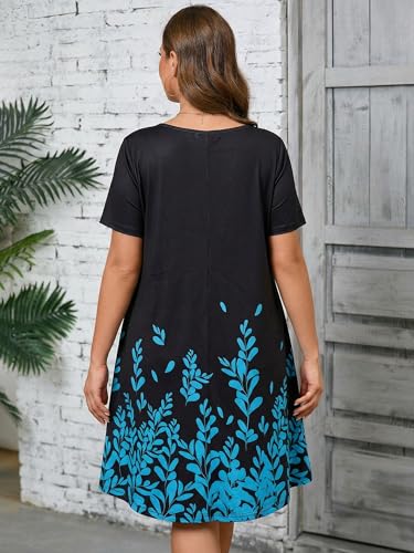 Image of AusLook Plus Size Midi Dress for Women Casual Summer Short Sleeve A Line Swing Dress with Pocket Round Neck Flowy Dress 1X-5X
