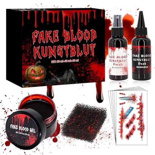 150ml Sangre Falsa + 5 Hojas Tatuajes Halloween, para Maquillaje Halloween, Pegatinas Halloween y Sangre Halloween para Niños Adultos, para Maquillaje Teatral, Escénico, Payaso, Zombie, Vampiro