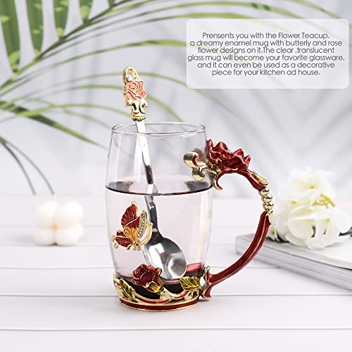 Glass Coffee Cup Tea Mug & Gifts With Spoon Set Handmade Enamel Butterfly Rose Flower For Mothers Day Gift, Women (2 Red Pack) #TOP4