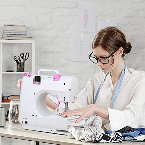 RZChome 12 Stitch Sewing Machine, Portable Household Easy to Use for Beginners Pink Sew 2 Speed with Upgrade