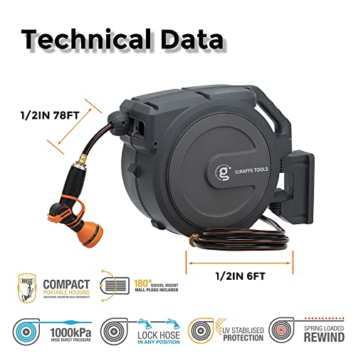 Giraffe Wall Mounted Hose Reel Retractable, 1/2" 78Ft Heavy Duty Garden Hose Reel With 9 Pattern Hose Nozzle, Any Length Lock/Automatic Rewind/180° Swivel Bracket #TOP5