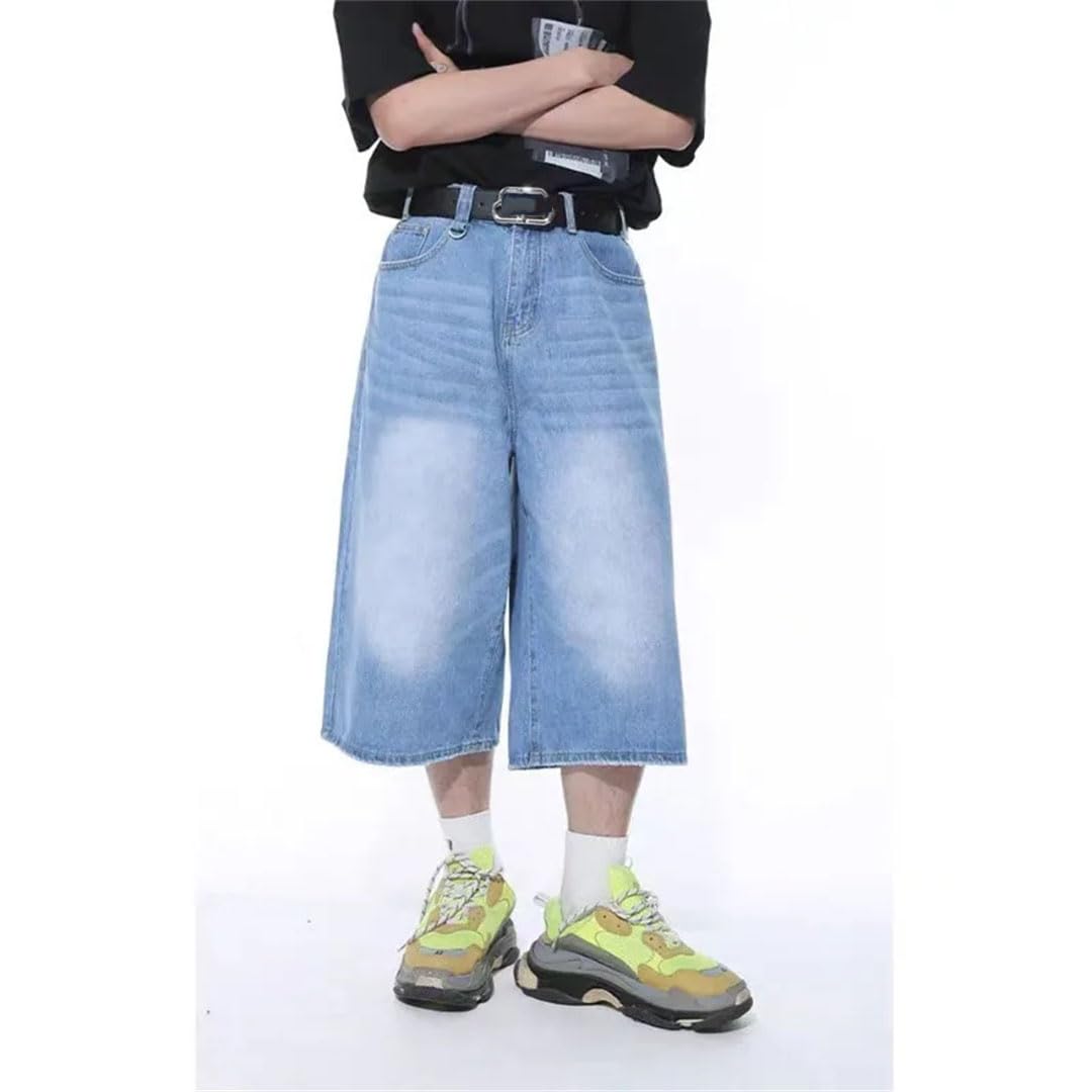 Damskie dżinsy retro unisex styl szerokie nogawki wysoka talia luźne krótkie spodenki, Jasnoniebieski, L