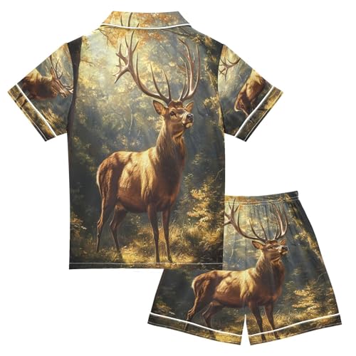 ALAZA Deer Tree Sun Animal Satin Pajamas Set Short Sleeve Button Down Sleepwear Summer Pjs 2 Piece2