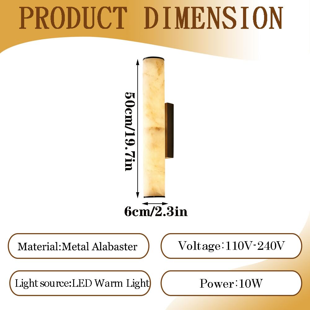 Applique da parete cilindrica in alabastro da 19,7 pollici, lampada da parete moderna industriale per interni, lampada da parete con cablaggio fisso in marmo naturale, apparecchi di illuminazi