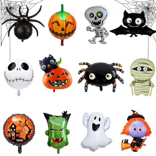 BAIYSFFG 12 Pcs Oversized Halloween Foil Balloons Party Decorations for Kids - Spider Bat Ghost Witch Pumpkin Helium Balloon Giant Balloons Set for Halloween Night Party Supplies