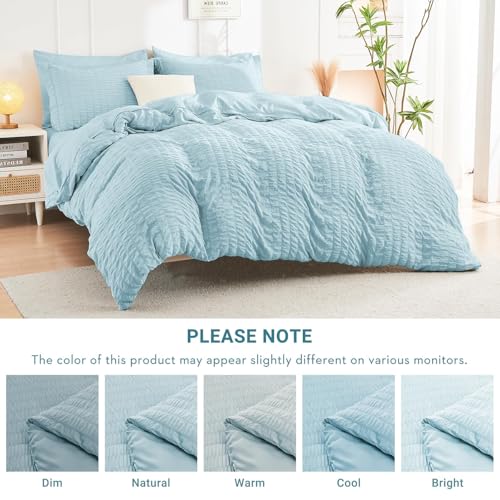 Image of HYMOKEGE Lake Blue King Size Comforter Set Seersucker 7 Pieces, All Season Luxury Bed in a Bag for Bedroom, Bedding Set with Comforters, Sheets, Pillowcases & Shams
